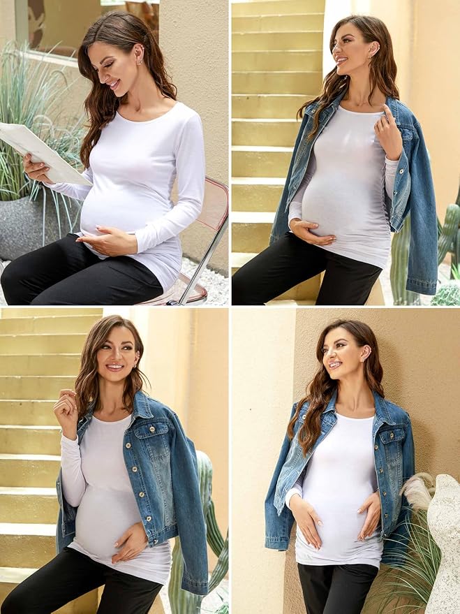 Ecavus Women's Maternity Shirts Long Sleeve Soft Stretchy Pregnancy Tops Side - Image 5