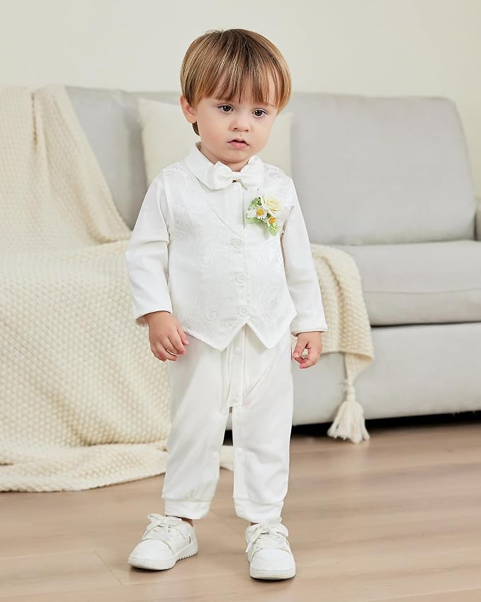 Baby Boy Clothes Gentleman Baby Suit Long Sleeve Romper+Vest+Bow Tie+Corsage - Image 2