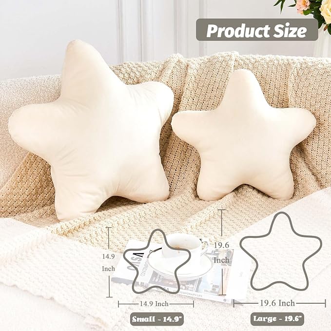 Beige Star Throw Pillow, Cute Star Pillow Room Decor, Soft 19.6" Star Shaped - Image 2