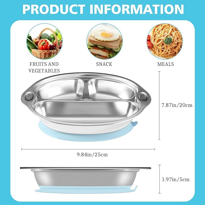 Mrs. Chou® Stainless Steel Kids Plates Suction Plates Divided Baby Plates - Image 4
