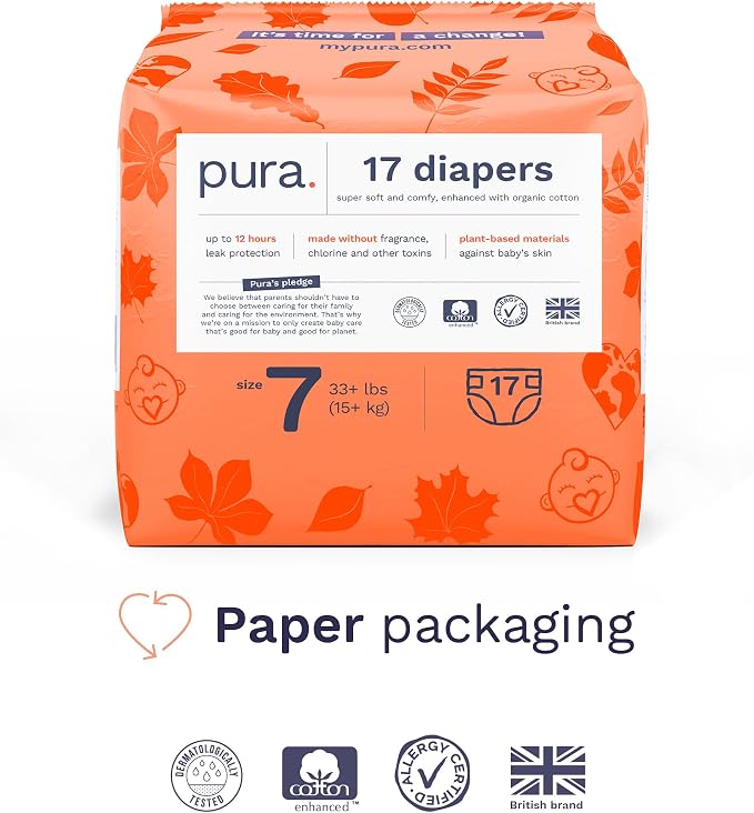 Pura Size 7 Eco-Friendly Diapers Hypoallergenic, Soft Organic Cotton, - Image 4