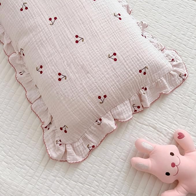 BuLuTu Cotton Muslin Ruffle Edge Kids Toddler Pillowcase Standard, Cherry - Image 5