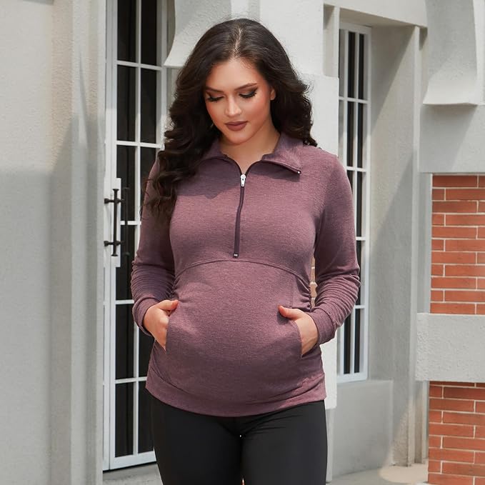 GINKANA Maternity Women's Long Sleeve Shirt Half Zipper Lapel Lightweight - Image 2