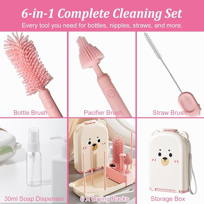 Pink Travel Baby Bottle Cleaner Kit – 6-in-1 Portable Brush Set - Image 3