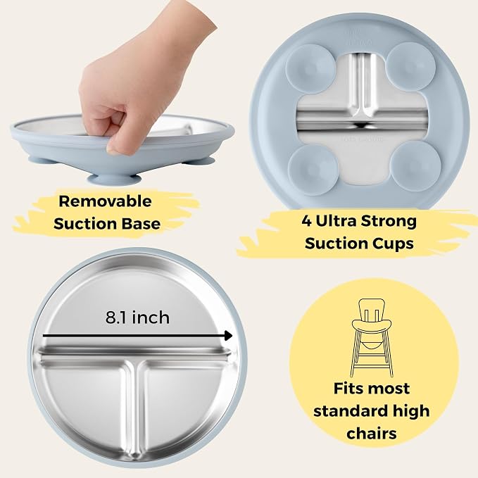 Stainless Steel Toddler Feeding Set 4 Pieces – Suction Plate, Silicone Bib - Image 3