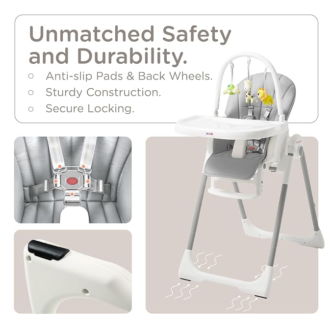 KÜB 3-in-1 Foldable Baby High Chair, 7 Height & 4 Recline Adjustable Seat & Tray - Image 4