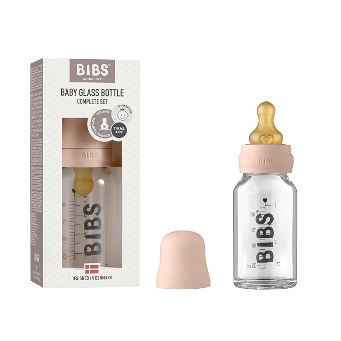 BIBS Baby Glass Bottle Complete Set 110 ml | BPA Free Natural Rubber | Made in by BIBS