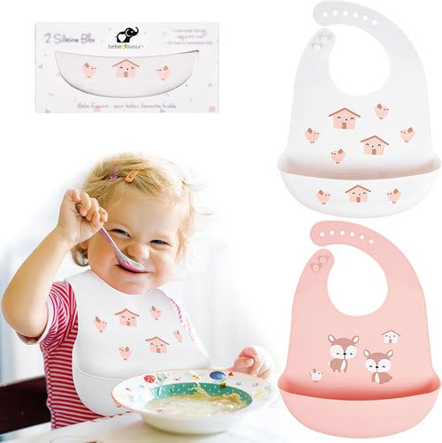 2 Pack Silicone Baby Bibs Adjustable Fit Waterproof Bib by BebeFavour