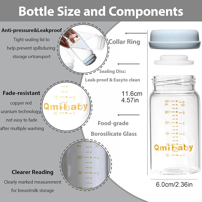Glass Breastmilk Storage Bottles 180ml 6oz BPA-Free Leak-Proof Natural Baby - Image 2