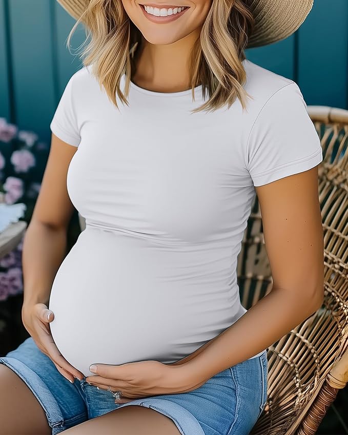 Huukeay 4 Pack Women's Maternity Shirts, Crew Neck Maternity Top Short Sleeve - Image 4