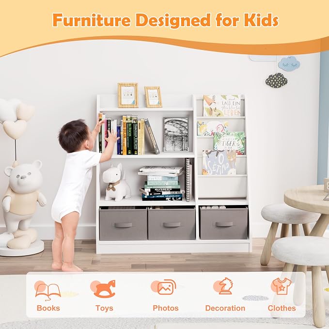 White Kids Bookshelf Wood Montessori Toy Storage Organizer Cabinet Shelf Child - Image 5
