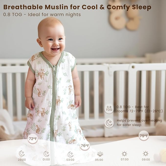Konssy Muslin Baby Sleep Sack 6-12 Months 0.8 TOG, 2 Pack 100% Cotton Wearable - Image 4