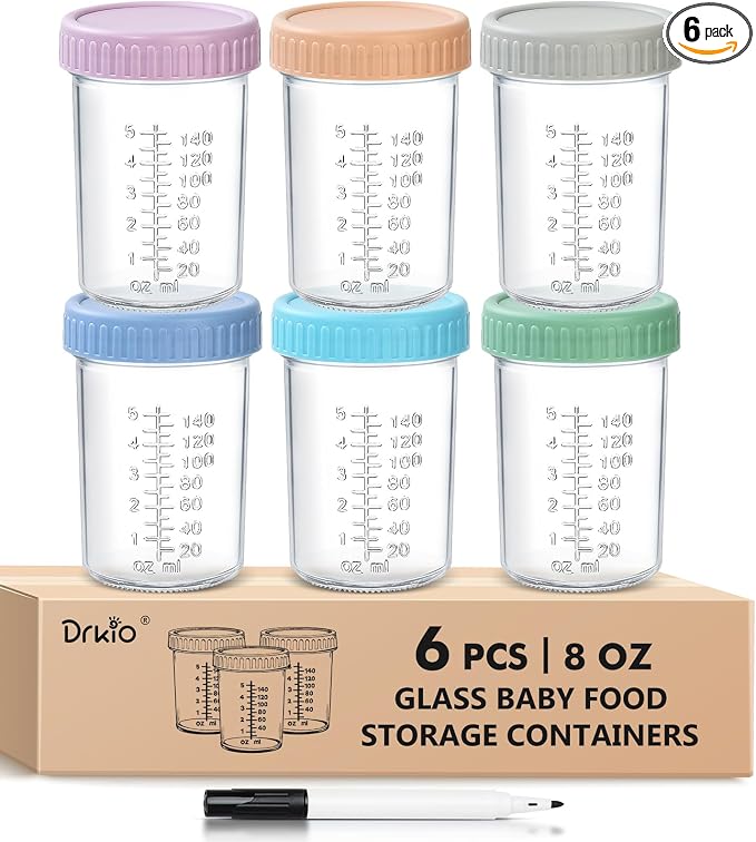 DRKIO 6 Pack Glass Baby Food Storage Containers - 8 Oz Baby Food Jars by DRKIO