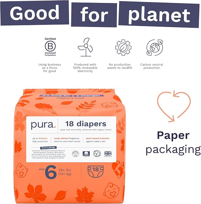 Pura Size 6 Eco-Friendly Diapers Hypoallergenic, Soft Organic Cotton, - Image 4