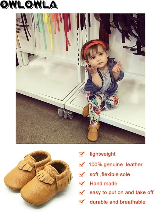 OWLOWLA Baby Moccasins Soft Sole Leather Baby Shoes Infant Toddler Pre-Walker - Image 4