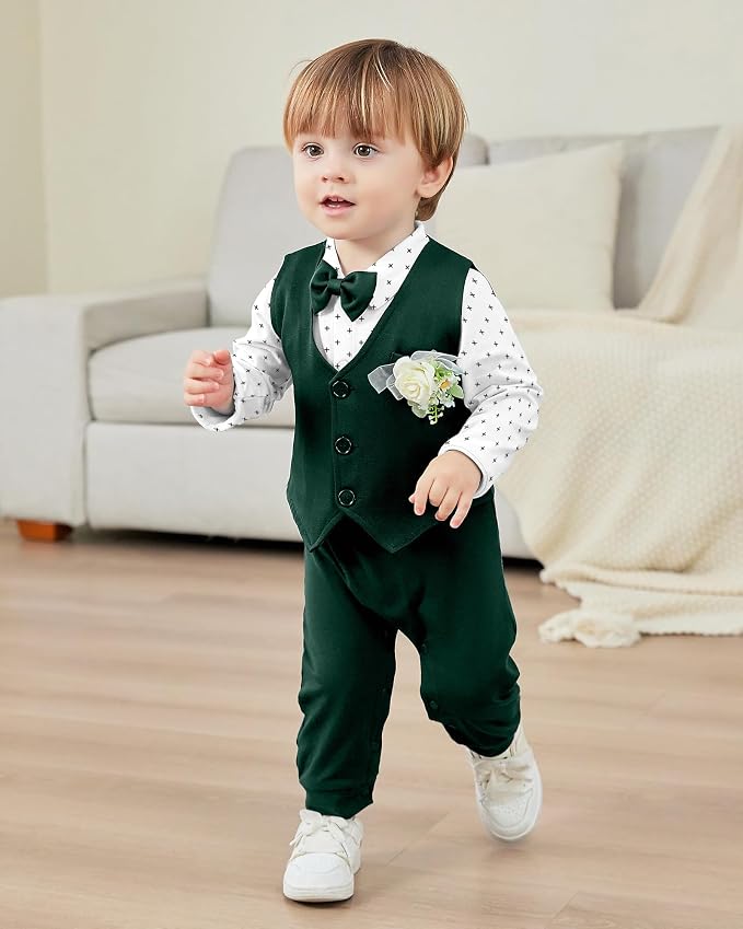Baby Boy Clothes Gentleman Baby Suit Long Sleeve Romper+Vest+Bow Tie+Corsage - Image 3