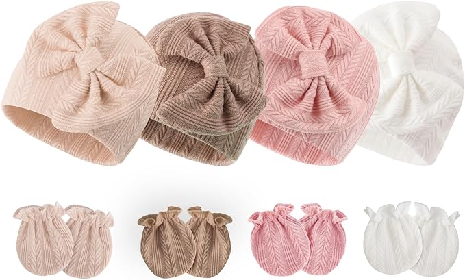 BQUBO Newborn Baby Hats Mittens Set Hospital Hat Beanie Infant Bow Hats Baby by DRESHOW