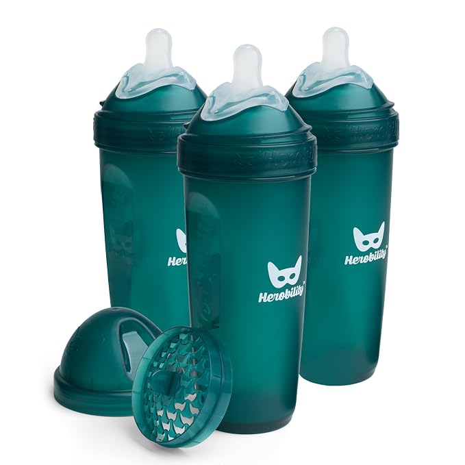 Herobility Double Anti-Colic Baby Bottles – 12 fl oz/340ml – 3-Pack – Dark Green by Herobility