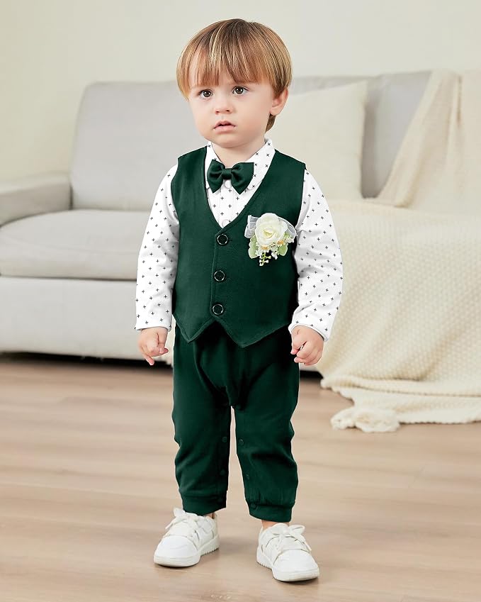 Baby Boy Clothes Gentleman Baby Suit Long Sleeve Romper+Vest+Bow Tie+Corsage - Image 4