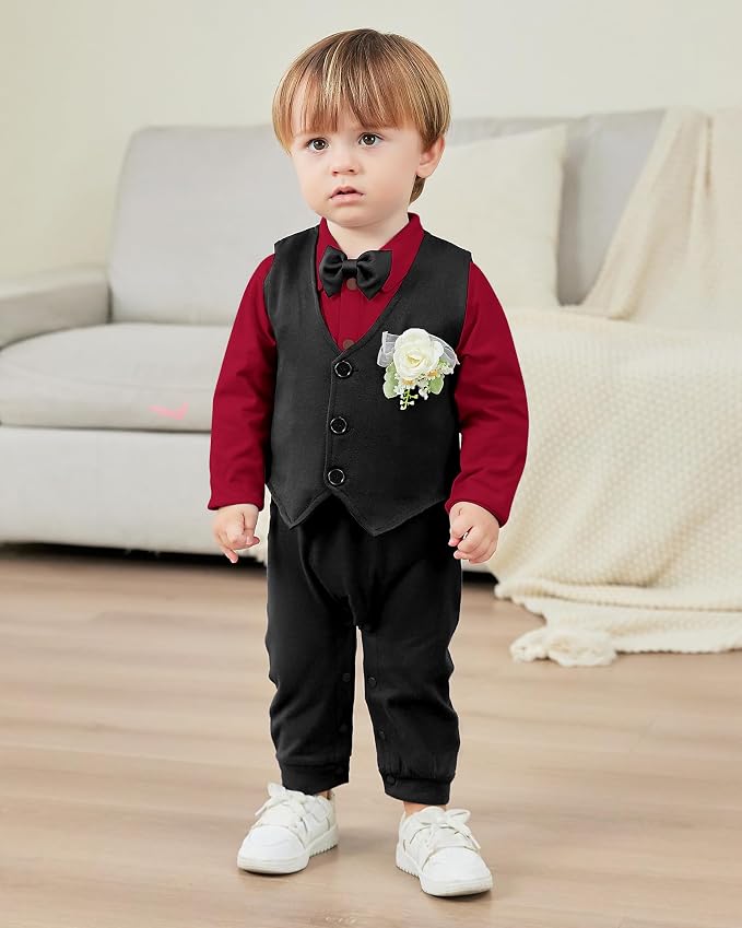 Baby Boy Clothes Gentleman Baby Suit Long Sleeve Romper+Vest+Bow Tie+Corsage - Image 4