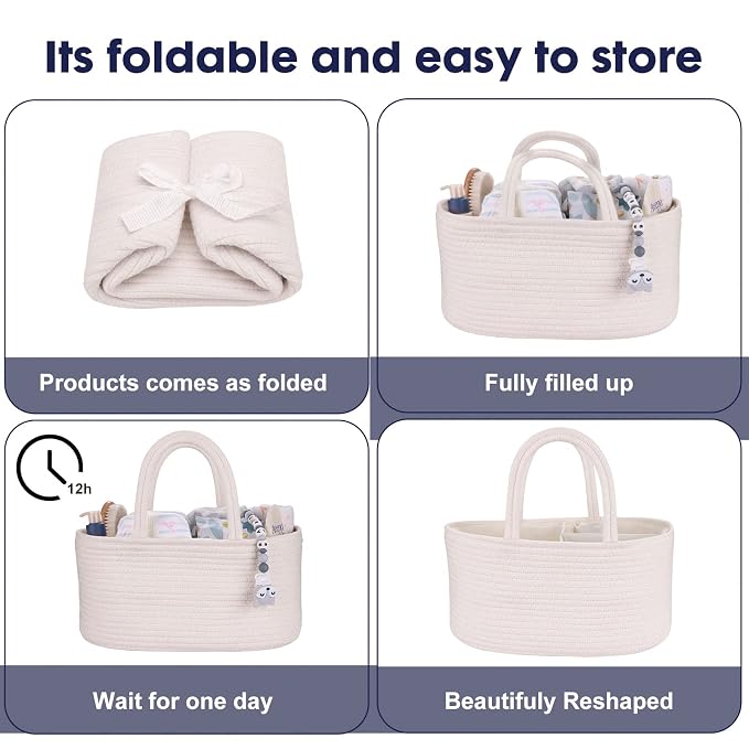 Baby Diaper Caddy Organizer for Girl Boy Cotton Rope Nursery Storage Bin Basket - Image 7