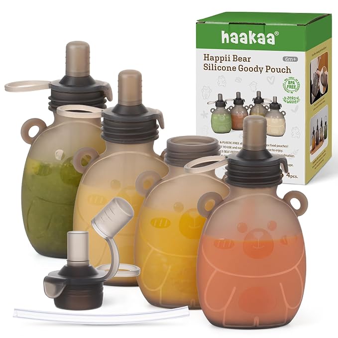 Haakaa Happii Bear Silicone Goody Pouch, Reusable Baby Food Pouches by haakaa