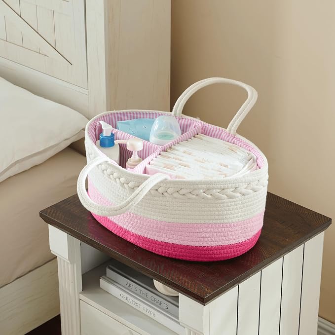 luxury little Diaper Caddy Organizer, Large Cotton Rope Nursery Basket - Image 6