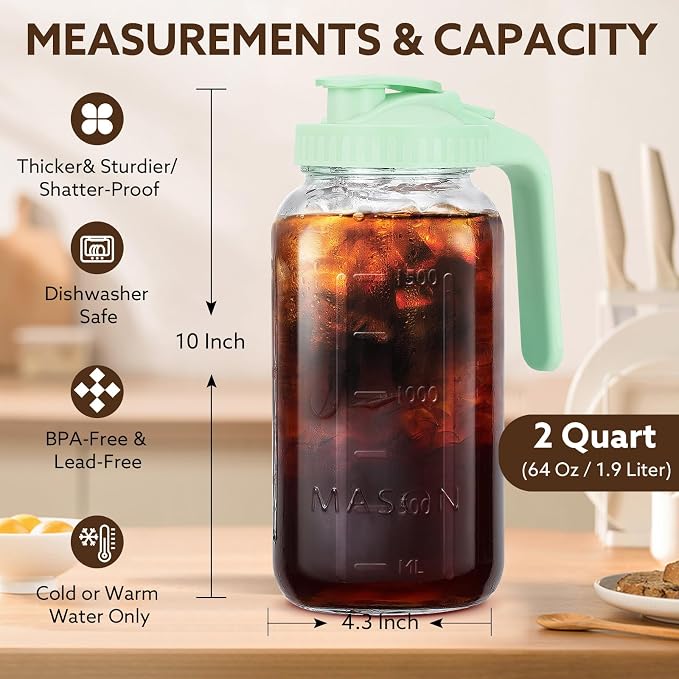 Glass Pitcher with Lid, 64 OZ Mason Jar Pitcher Double Leak Proof, 2 Quart - Image 4