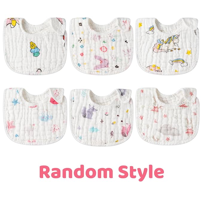 Zainpe 6Pcs Snap Muslin Cotton Baby Bibs Star Cat Rabbit Pattern Adjustable - Image 6