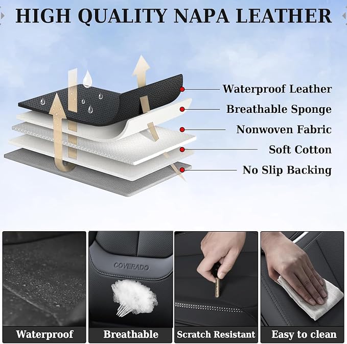 Coverado Car Seat Covers Full Set, Car Seat Protector Waterproof, Nappa Leather - Image 7