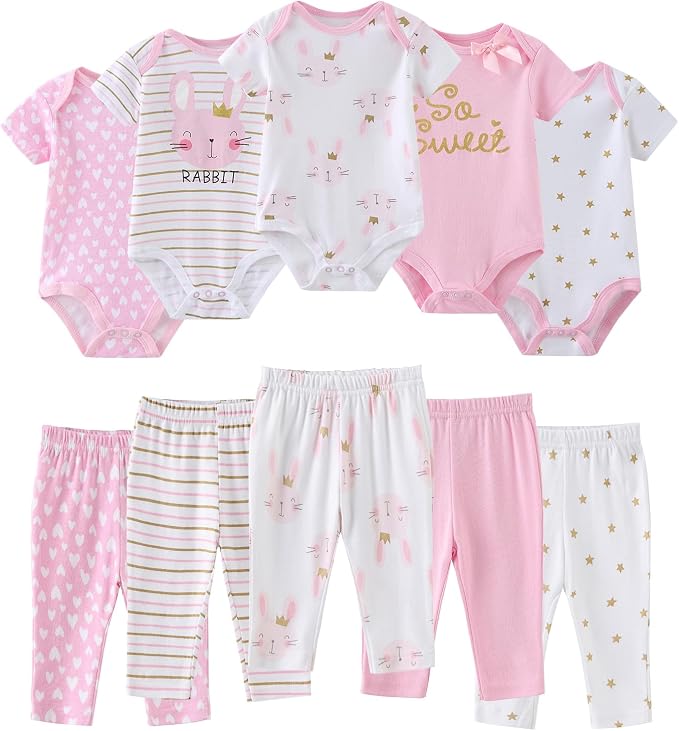 Baby Bodysuit and Pant Set 10-pcs Cotton Soft Newborn Boy Girl Clothes Outfits by Ruliby