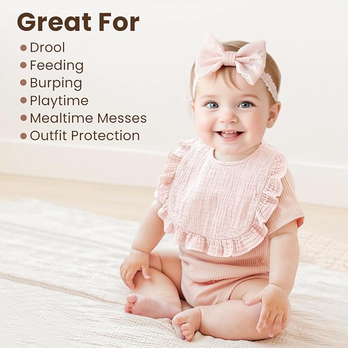 Konssy Muslin Baby Bibs for Girls – Soft 100% Cotton Drool Bibs, Ruffle Trim - Image 3
