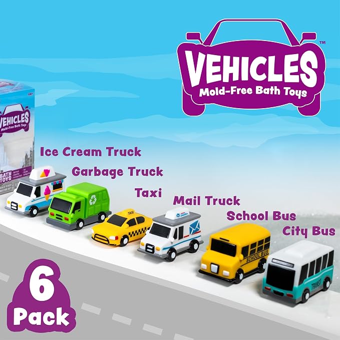 Tub Works® Vehicles™ Bath Cars Mold Free Bath Toys, 6 Pack | Sealed, No Hole - Image 3