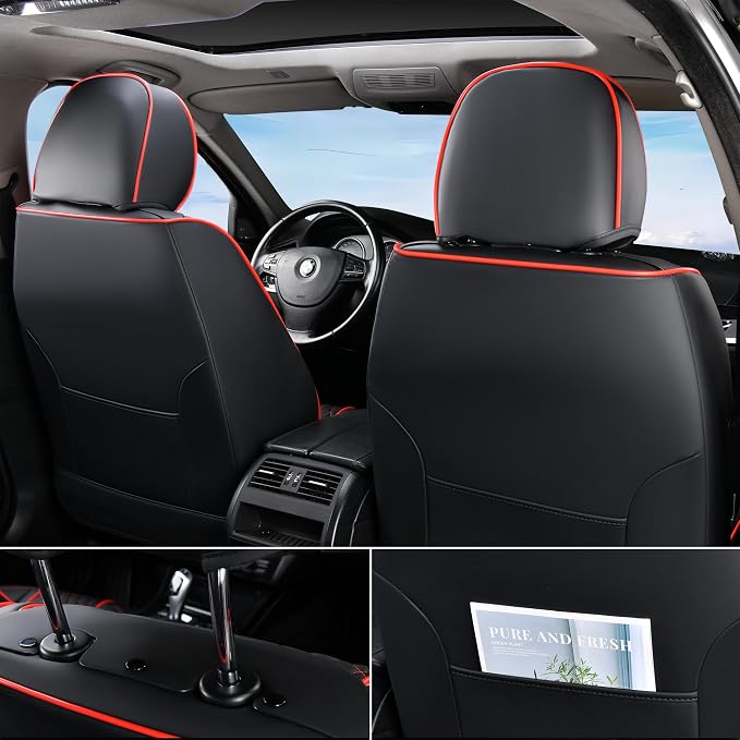 Doogo SeatCovers Full Set, Leather SeatCovers, Waterproof 5 Seats Black and Red - Image 3