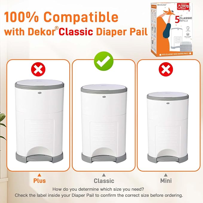 5 Pack Refills Compatible with DEKOR CLASSIC Diaper Pails | 20% Extra Length - Image 2
