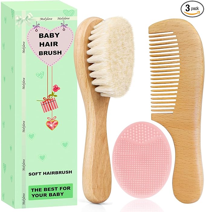 3PCS Baby Hair Brush with Wooden Handle and Comb Set by Molylove