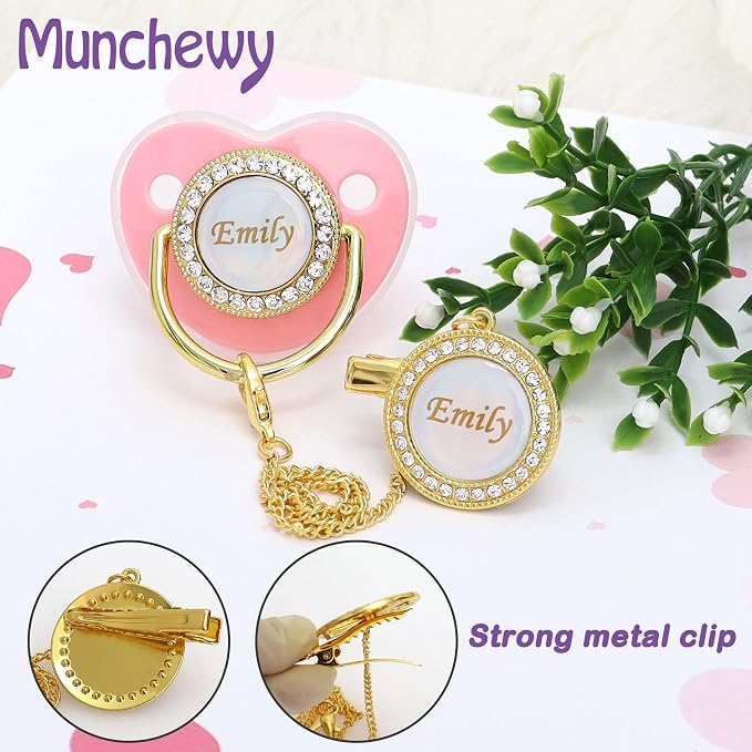 Personalized Pacifier with Name, Bling Gold Pacifier Clip Set with Gift Box - Image 5