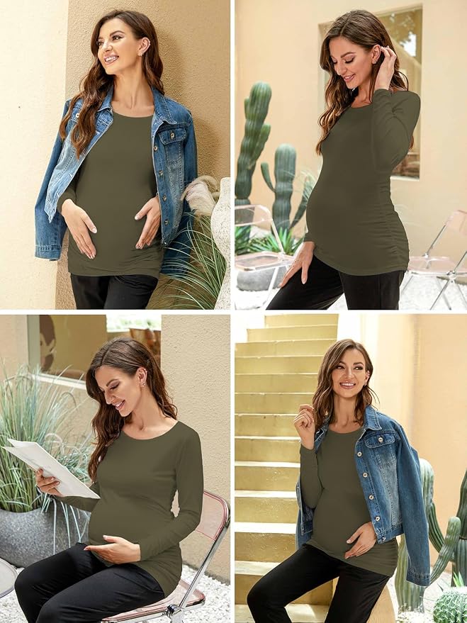 Ecavus Women's Maternity Shirts Long Sleeve Soft Stretchy Pregnancy Tops Side - Image 5