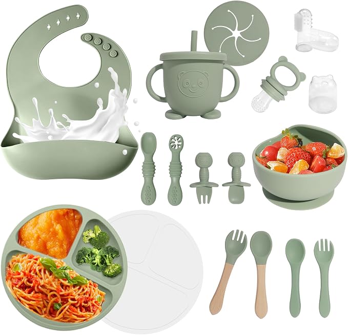 Baby Led Weaning Supplies, 17 Piece BPA-Free Silicone Feeding Set, Eating by Catvegue
