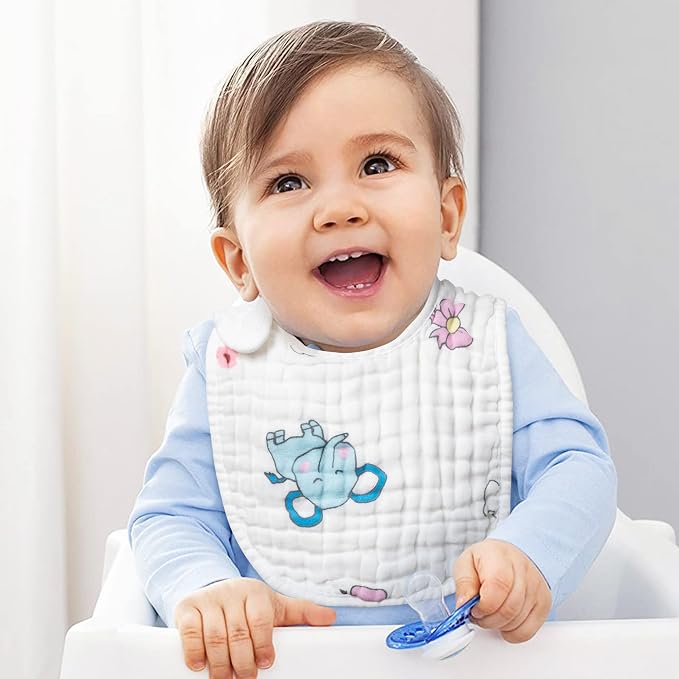 Zainpe 6Pcs Snap Muslin Cotton Baby Bibs Elephant Whale Rabbit Pattern Feeding - Image 5