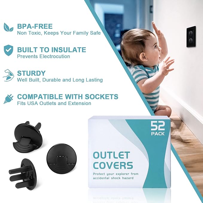 52 Pack Black Safety Outlet Covers Baby Proofing, Electrical Socket Outlet - Image 3