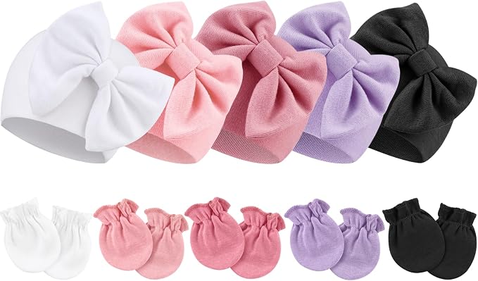 BQUBO Newborn Baby Girls Hats Mittens Set Hospital Hat Beanie Infant Bow Hats by DRESHOW