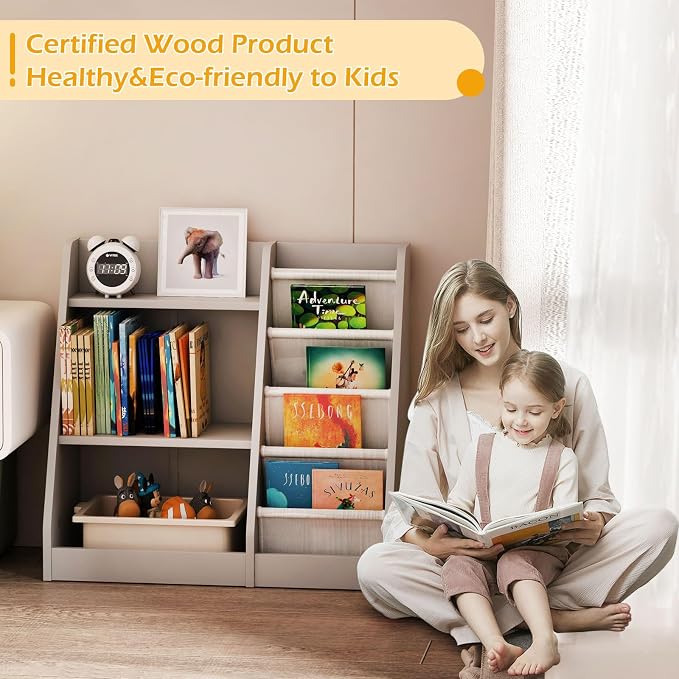 Gray Nursery Bookshelf for Kids 3 Tier Wood Shelf 4 Sling Baby Toddler Bookcase - Image 6