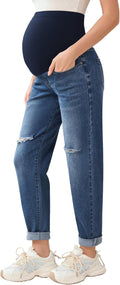 POSHGLAM Women's Maternity Jeans Over Belly Comfy Stretch 28'' Boyfriend Jeans by POSHGLAM