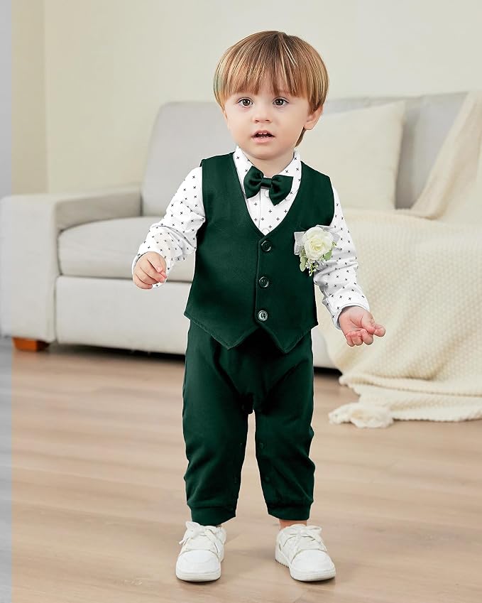 Baby Boy Clothes Gentleman Baby Suit Long Sleeve Romper+Vest+Bow Tie+Corsage - Image 2