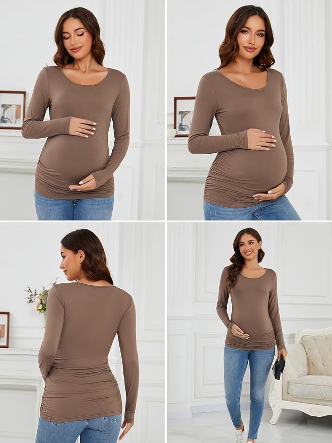 Ecavus Women's Maternity Shirts Long Sleeve Soft Stretchy Pregnancy Tops Side - Image 4