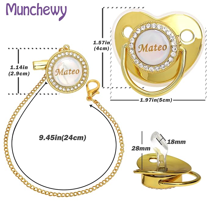 Personalized Pacifier with Name, Bling Gold Pacifier Clip Set with Gift Box - Image 2