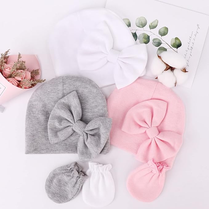 BQUBO Newborn Baby Girls Hats Mittens Set Hospital Hat Beanie Infant Bow Hats - Image 6