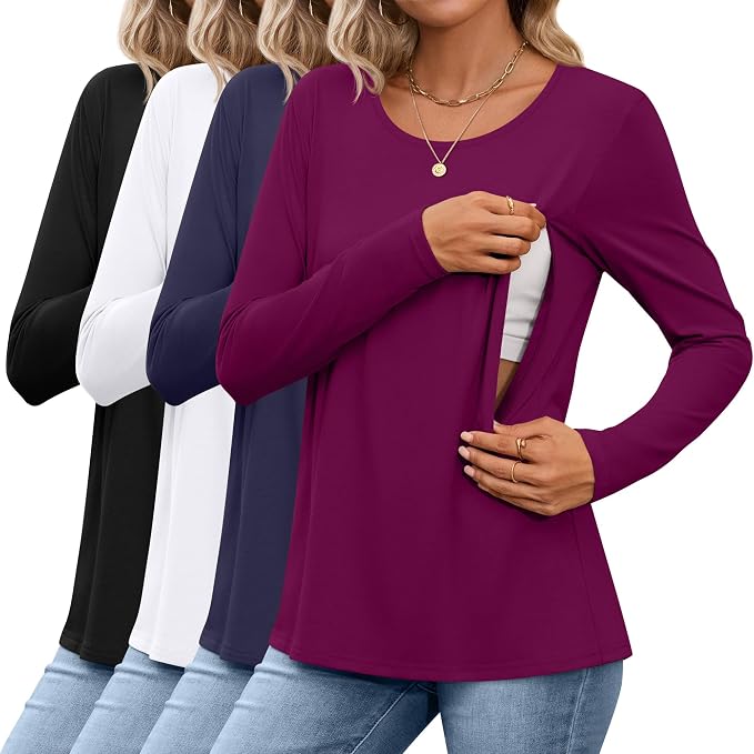 4 Pack Women's Cotton Nursing Tops, Breastfeeding Maternity by Oakgarden