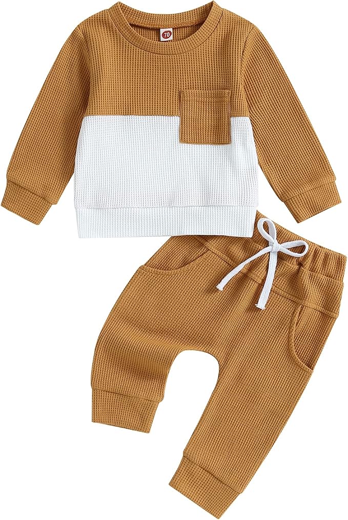 Toddler Baby Boy Fall Clothes Waffle Contrast Color Sweatshirt Pants Sets by GGBNOMER